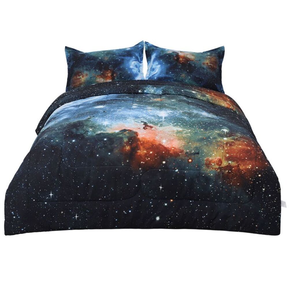 Twin All-season Quilted Comforter Set Reversible Galaxies Blue